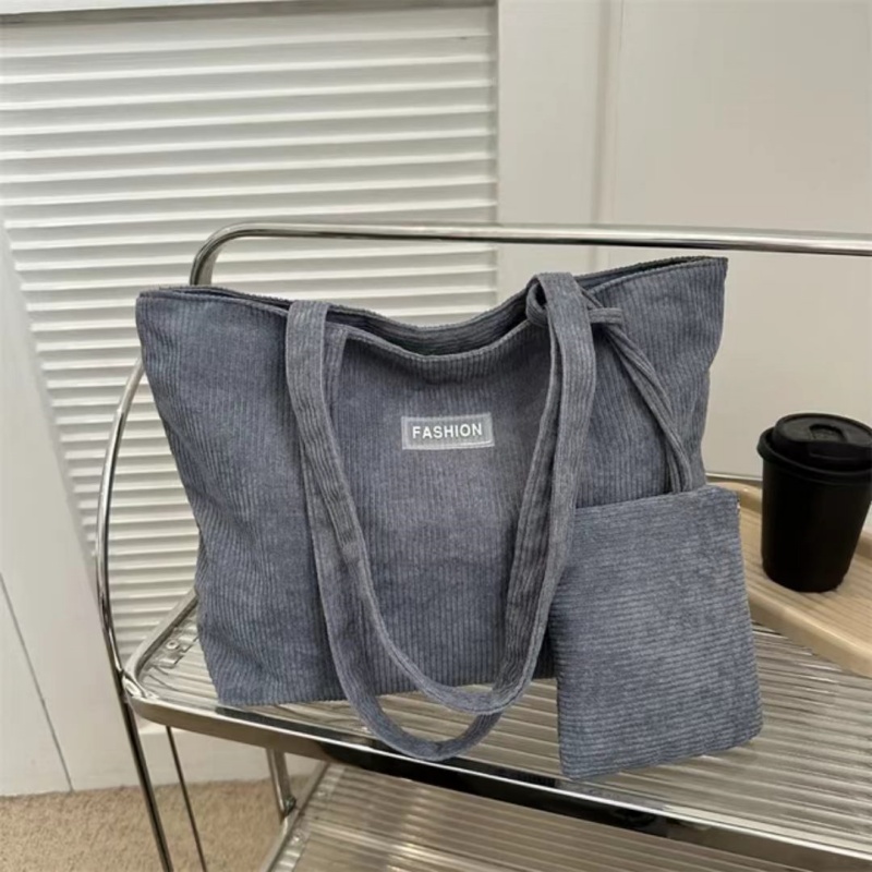 Women'S Corduroy Shoulder Bag, Literary Striped Handbag Commuter Large-capacity Casual Cloth Bag, Tote Bag With Fixed Straps, Machine Washable, Polyester Lined, Ladies Handbag
