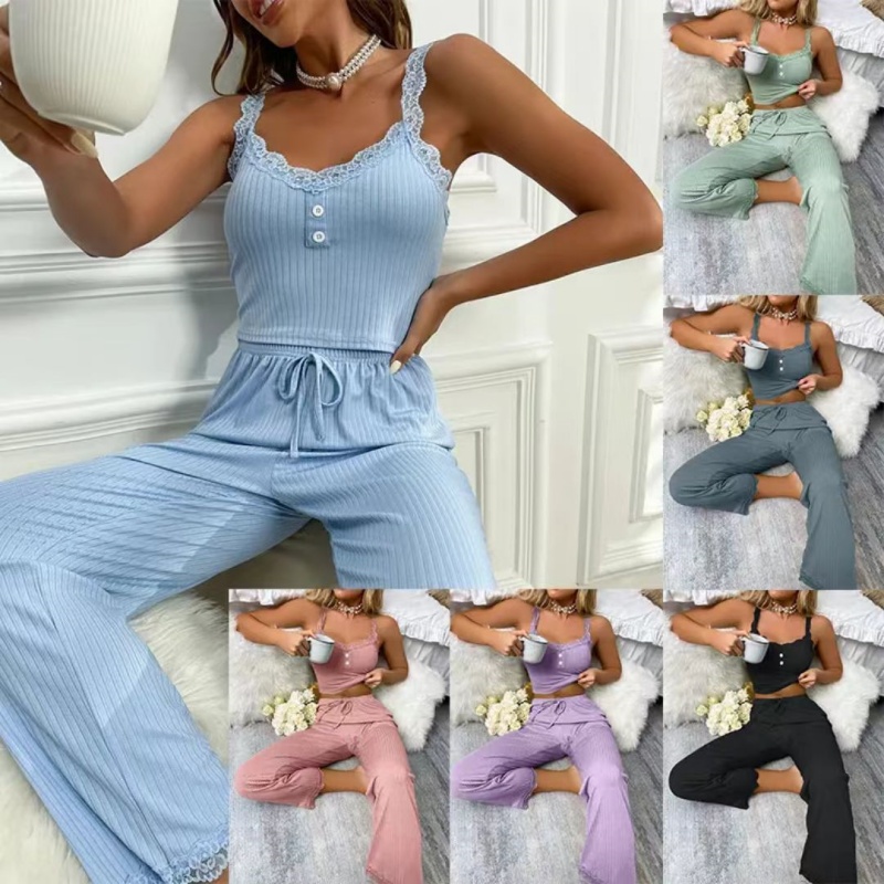 Casual Pajamas, Women's  Lace Suspenders Tops And Long Trousers Sets,  Ladies' Home Clothes，Sexy Fit
