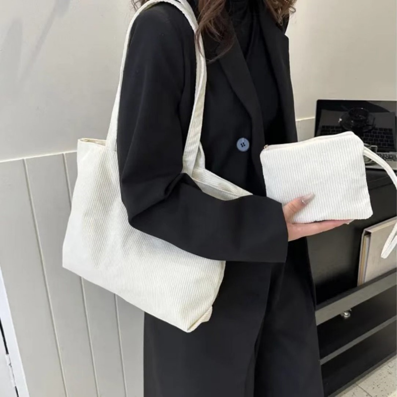 Women'S Corduroy Shoulder Bag, Literary Striped Handbag Commuter Large-capacity Casual Cloth Bag, Tote Bag With Fixed Straps, Machine Washable, Polyester Lined, Ladies Handbag