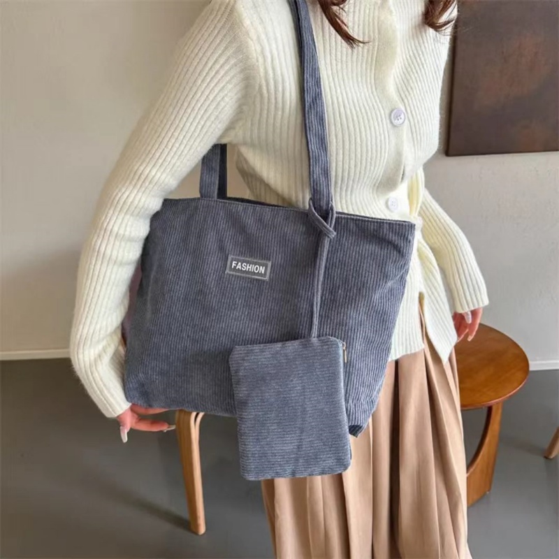 Women'S Corduroy Shoulder Bag, Literary Striped Handbag Commuter Large-capacity Casual Cloth Bag, Tote Bag With Fixed Straps, Machine Washable, Polyester Lined, Ladies Handbag