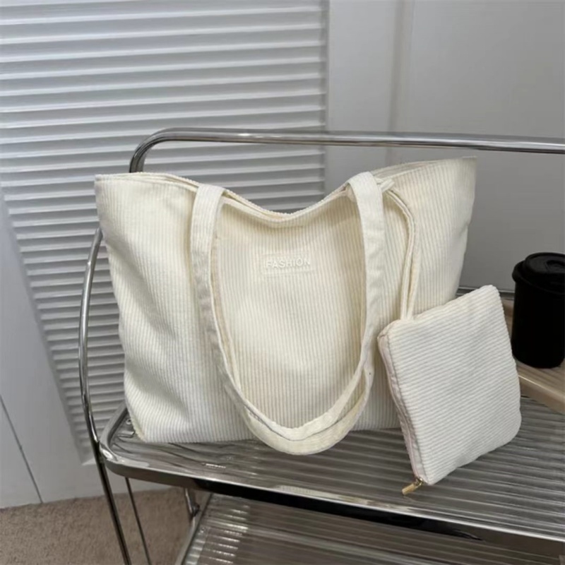 Women'S Corduroy Shoulder Bag, Literary Striped Handbag Commuter Large-capacity Casual Cloth Bag, Tote Bag With Fixed Straps, Machine Washable, Polyester Lined, Ladies Handbag