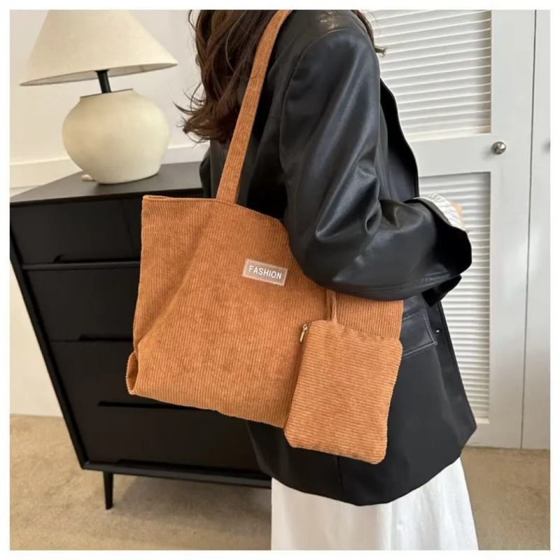Women'S Corduroy Shoulder Bag, Literary Striped Handbag Commuter Large-capacity Casual Cloth Bag, Tote Bag With Fixed Straps, Machine Washable, Polyester Lined, Ladies Handbag