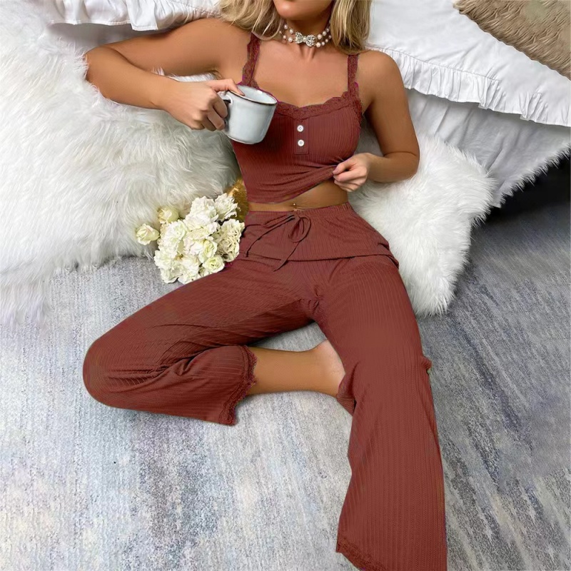 Casual Pajamas, Women's  Lace Suspenders Tops And Long Trousers Sets,  Ladies' Home Clothes，Sexy Fit