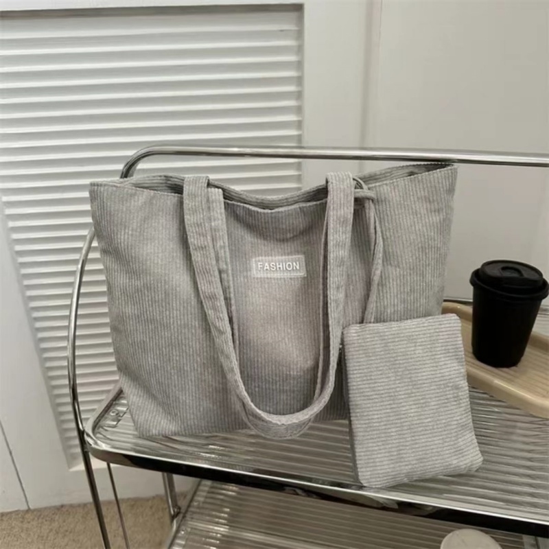 Women'S Corduroy Shoulder Bag, Literary Striped Handbag Commuter Large-capacity Casual Cloth Bag, Tote Bag With Fixed Straps, Machine Washable, Polyester Lined, Ladies Handbag