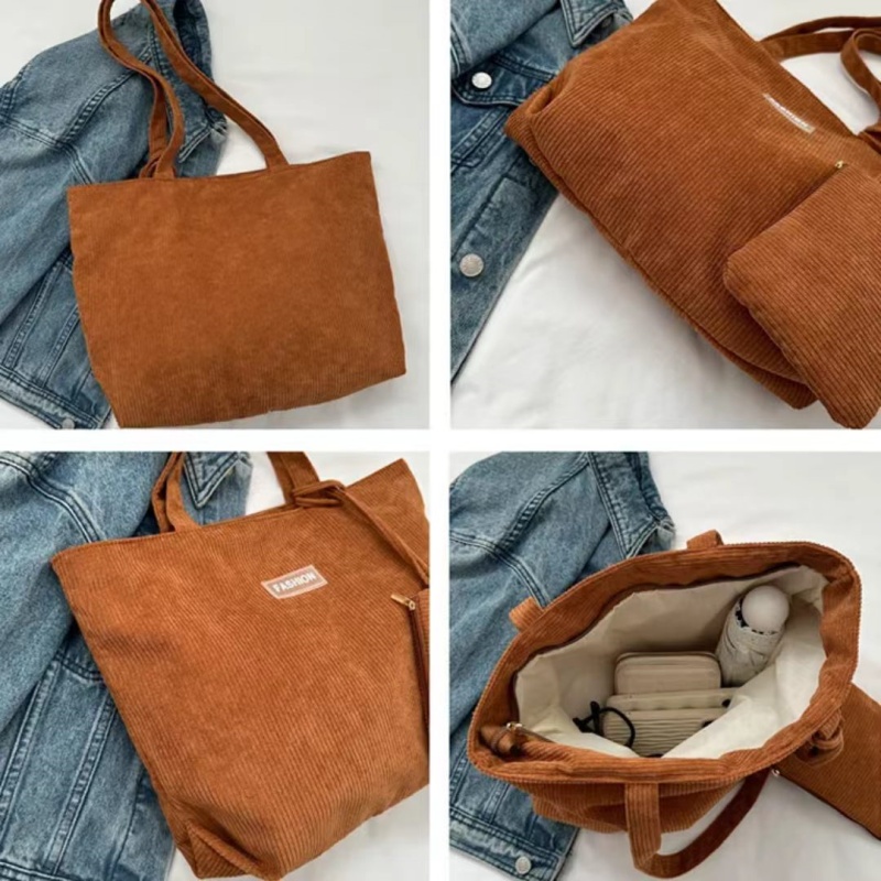 Women'S Corduroy Shoulder Bag, Literary Striped Handbag Commuter Large-capacity Casual Cloth Bag, Tote Bag With Fixed Straps, Machine Washable, Polyester Lined, Ladies Handbag