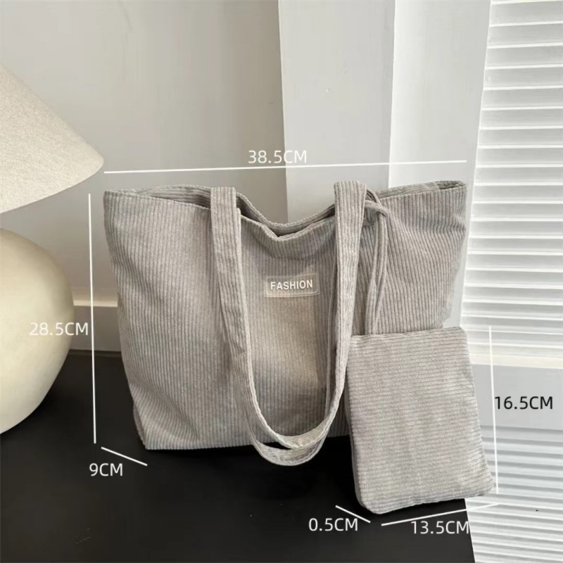 Women'S Corduroy Shoulder Bag, Literary Striped Handbag Commuter Large-capacity Casual Cloth Bag, Tote Bag With Fixed Straps, Machine Washable, Polyester Lined, Ladies Handbag