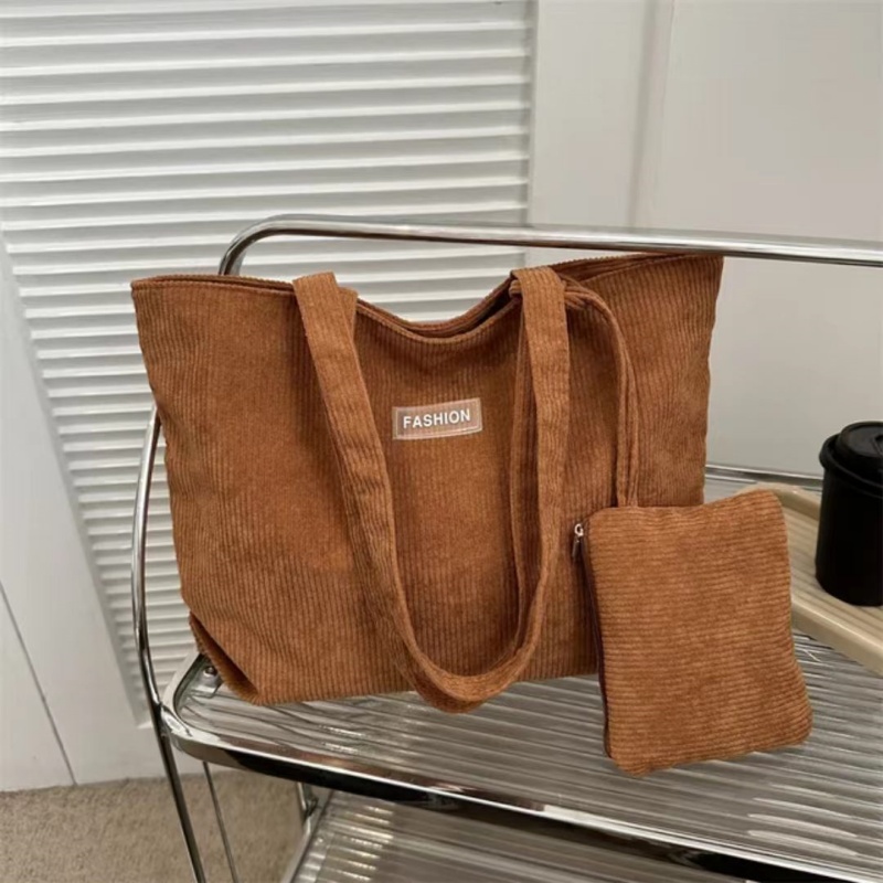 Women'S Corduroy Shoulder Bag, Literary Striped Handbag Commuter Large-capacity Casual Cloth Bag, Tote Bag With Fixed Straps, Machine Washable, Polyester Lined, Ladies Handbag