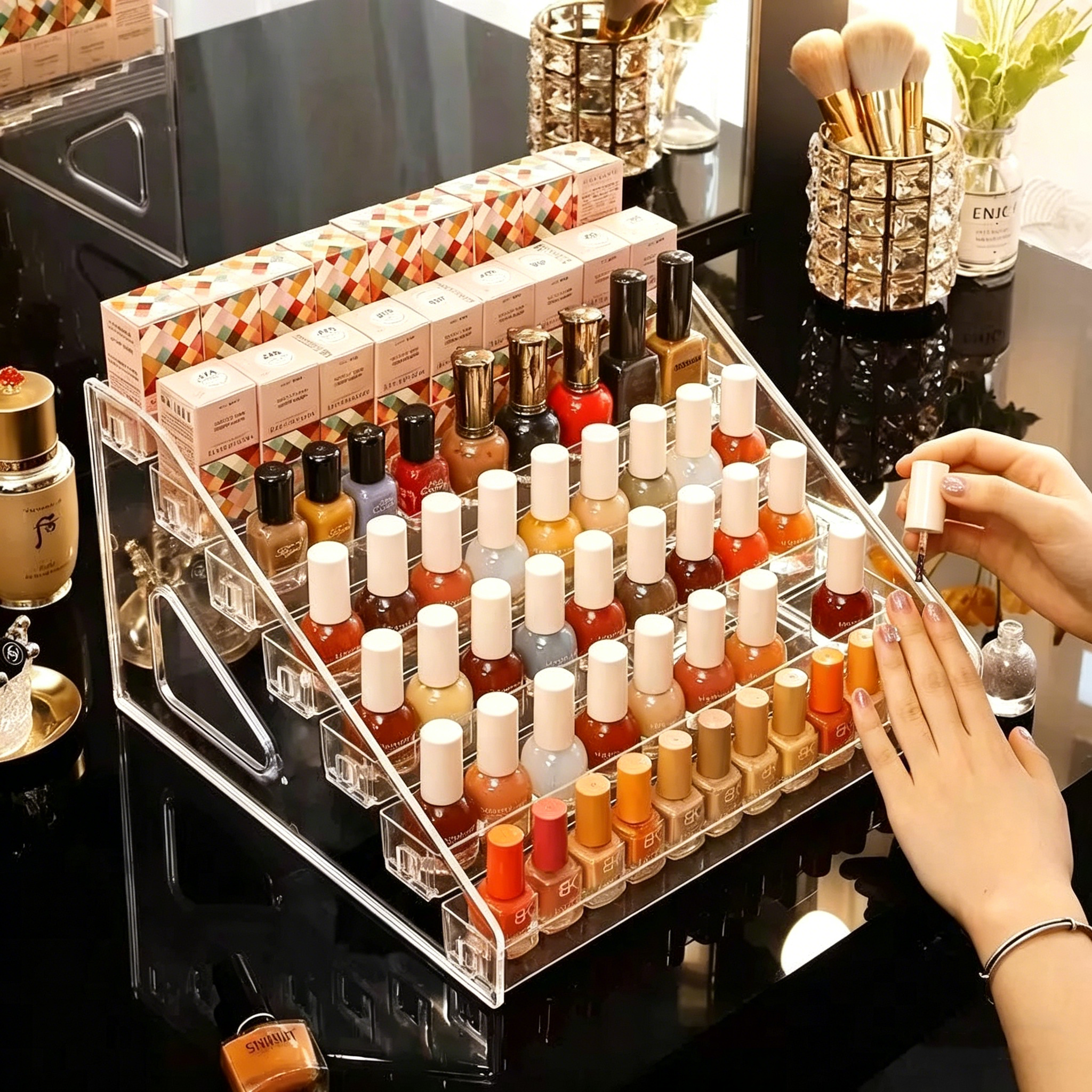 Aesthetic nail display stand with multi-level nail polish glue, acrylic transparent cosmetic storage box, cute particle storage rack