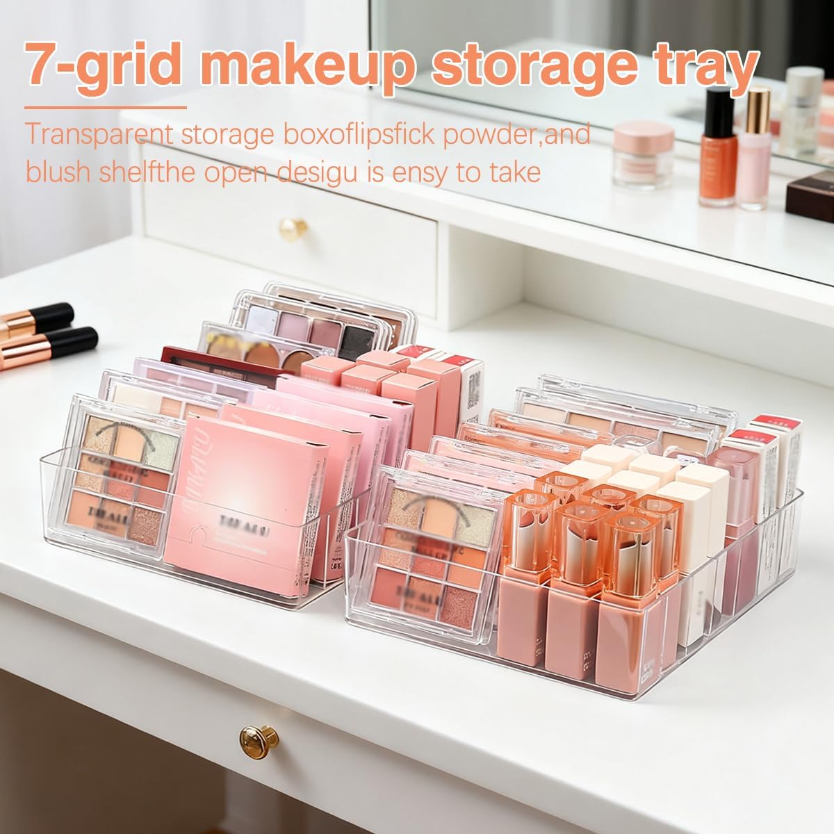 Makeup Organizer, Suitable for Eyeshadow Palettes and Lipsticks, 7-Compartment Makeup Palette Storage Box, Modern Cosmetic Storage for Vanity Drawers and Countertops