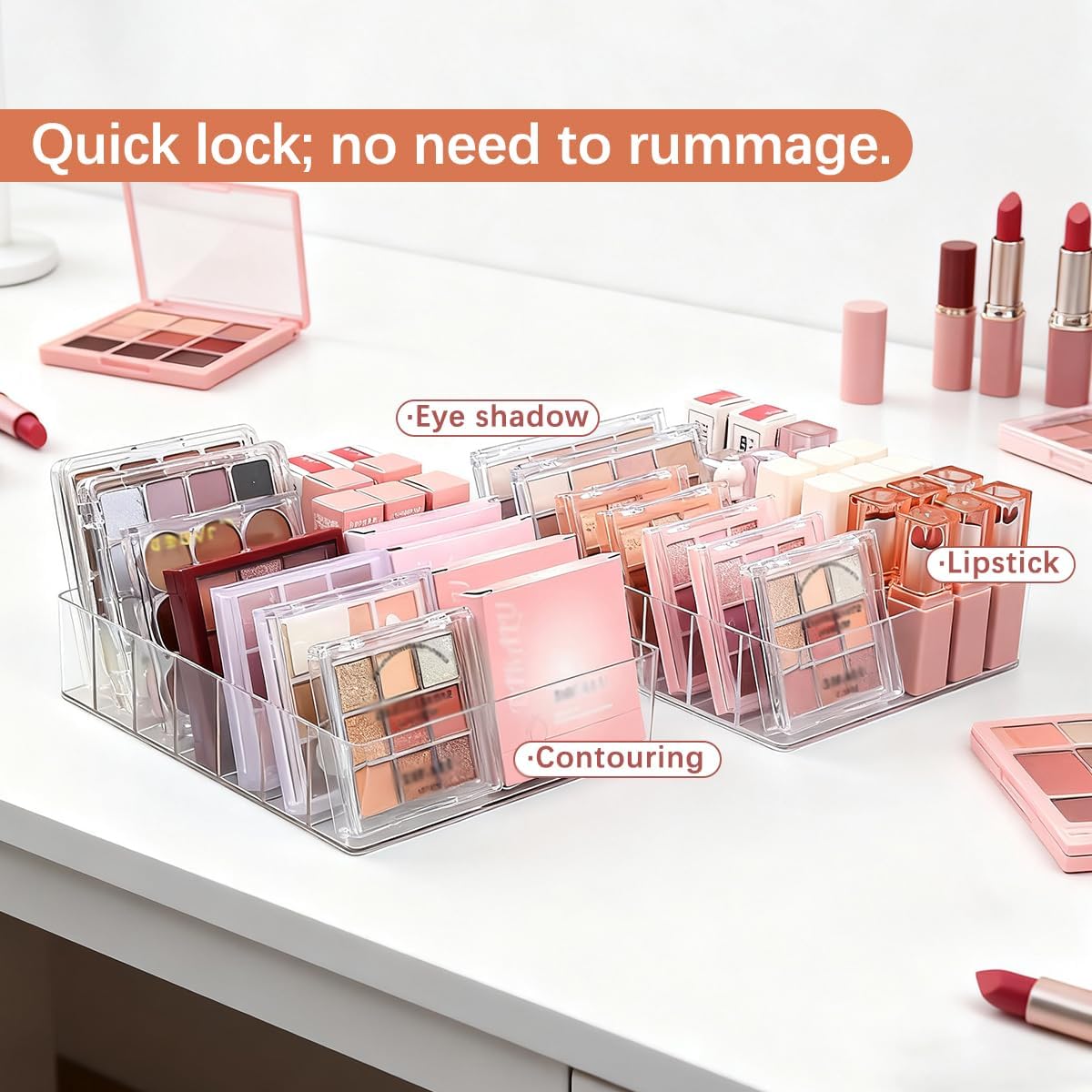 Makeup Organizer, Suitable for Eyeshadow Palettes and Lipsticks, 7-Compartment Makeup Palette Storage Box, Modern Cosmetic Storage for Vanity Drawers and Countertops