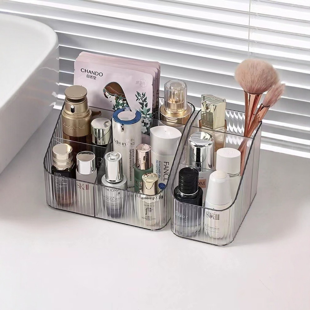 Desktop cosmetic storage rack - Trendy L-shaped storage stand with multiple layers of acrylic - High-end cosmetic organizer with a sophisticated look