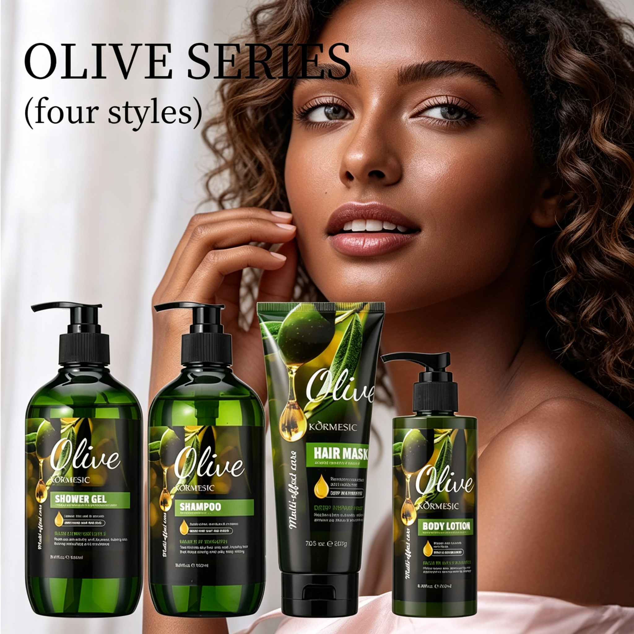 4PCS Olive Repair Hair Care & Body Set – Includes Deep Conditioning Hair Mask, Softening Shampoo, Moisturizing Shower Gel & Nourishing Body Lotion for All Hair and Skin Types