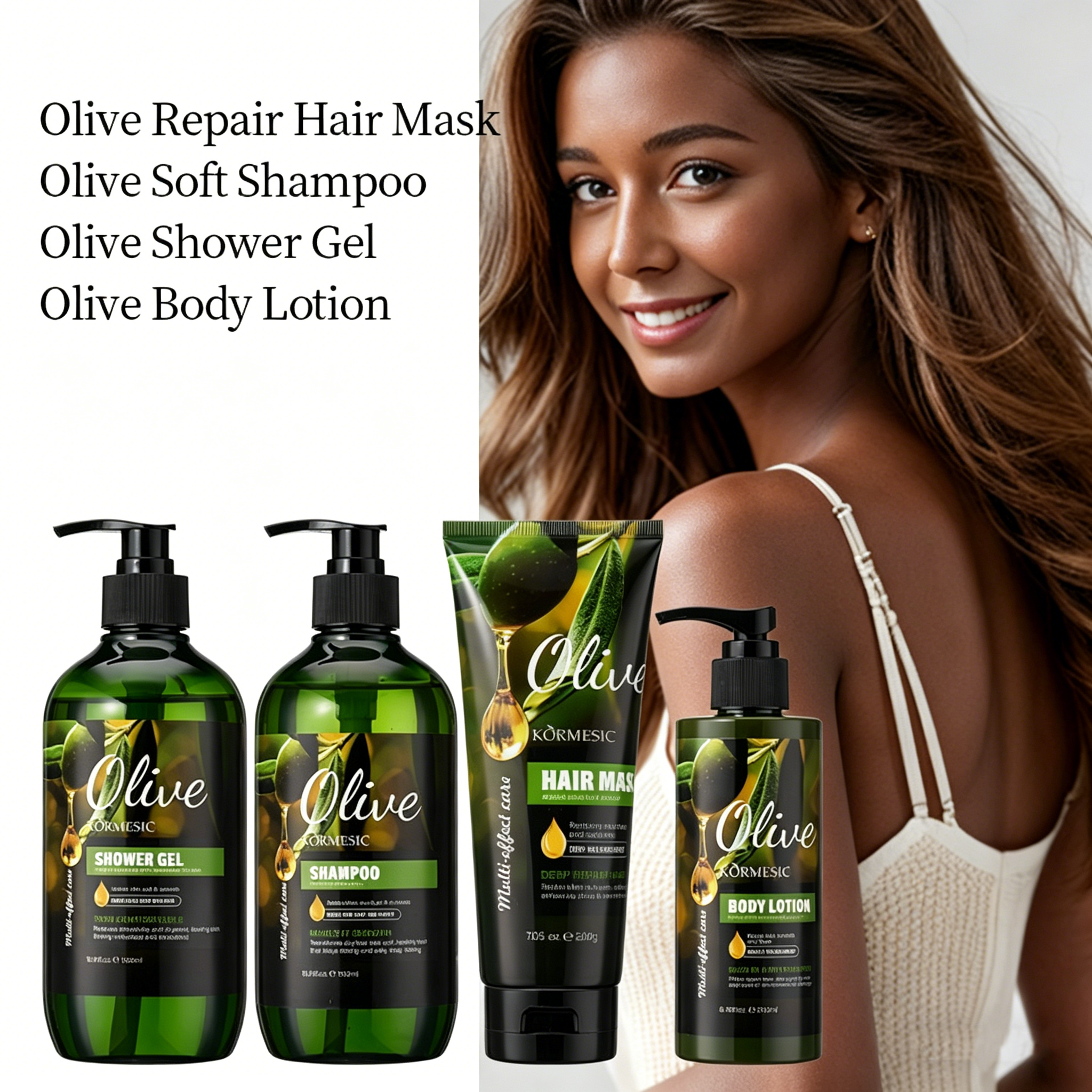 4PCS Olive Repair Hair Care & Body Set – Includes Deep Conditioning Hair Mask, Softening Shampoo, Moisturizing Shower Gel & Nourishing Body Lotion for All Hair and Skin Types