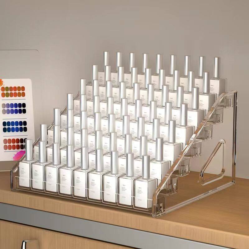 Aesthetic nail display stand with multi-level nail polish glue, acrylic transparent cosmetic storage box, cute particle storage rack
