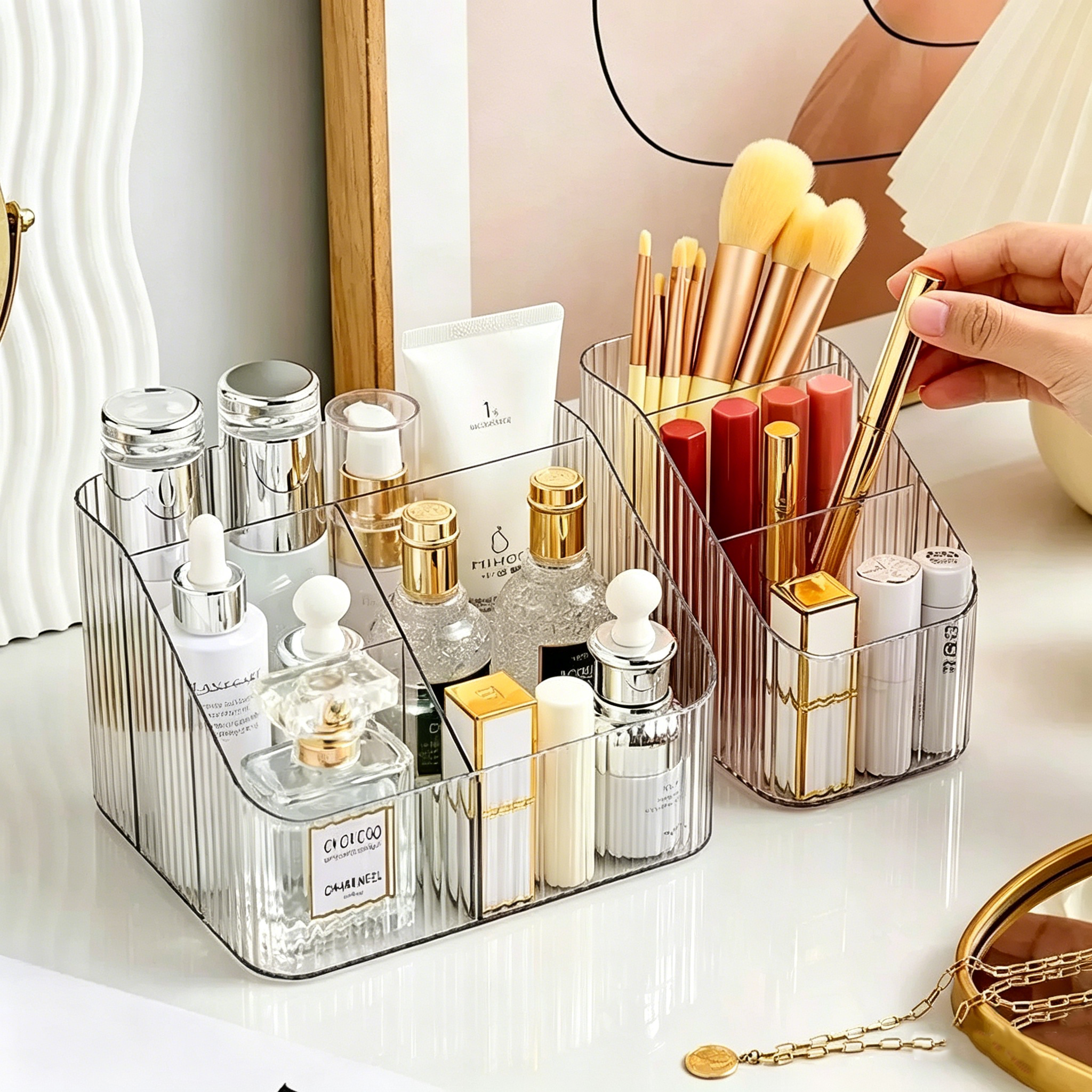 Desktop cosmetic storage rack - Trendy L-shaped storage stand with multiple layers of acrylic - High-end cosmetic organizer with a sophisticated look