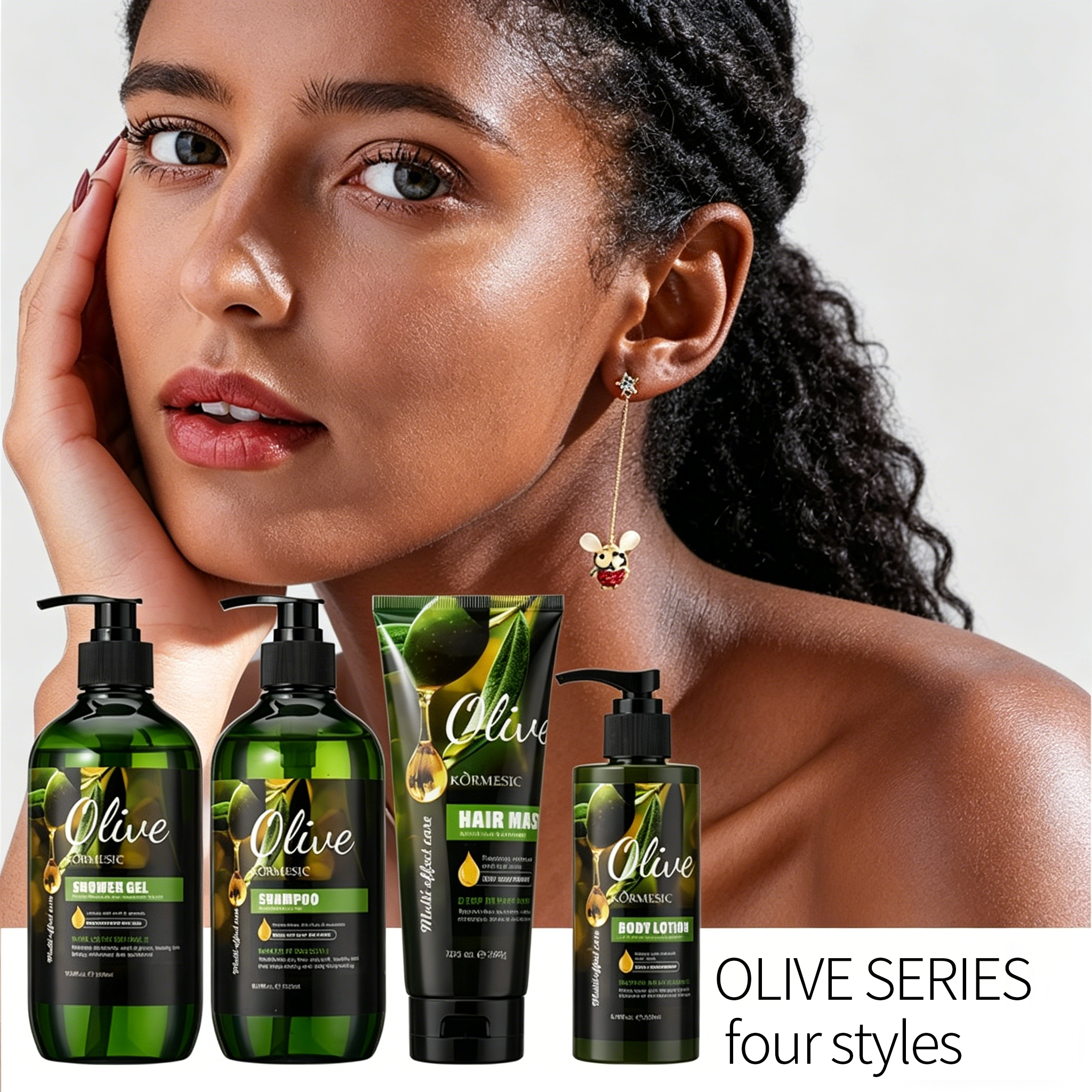 4PCS Olive Repair Hair Care & Body Set – Includes Deep Conditioning Hair Mask, Softening Shampoo, Moisturizing Shower Gel & Nourishing Body Lotion for All Hair and Skin Types