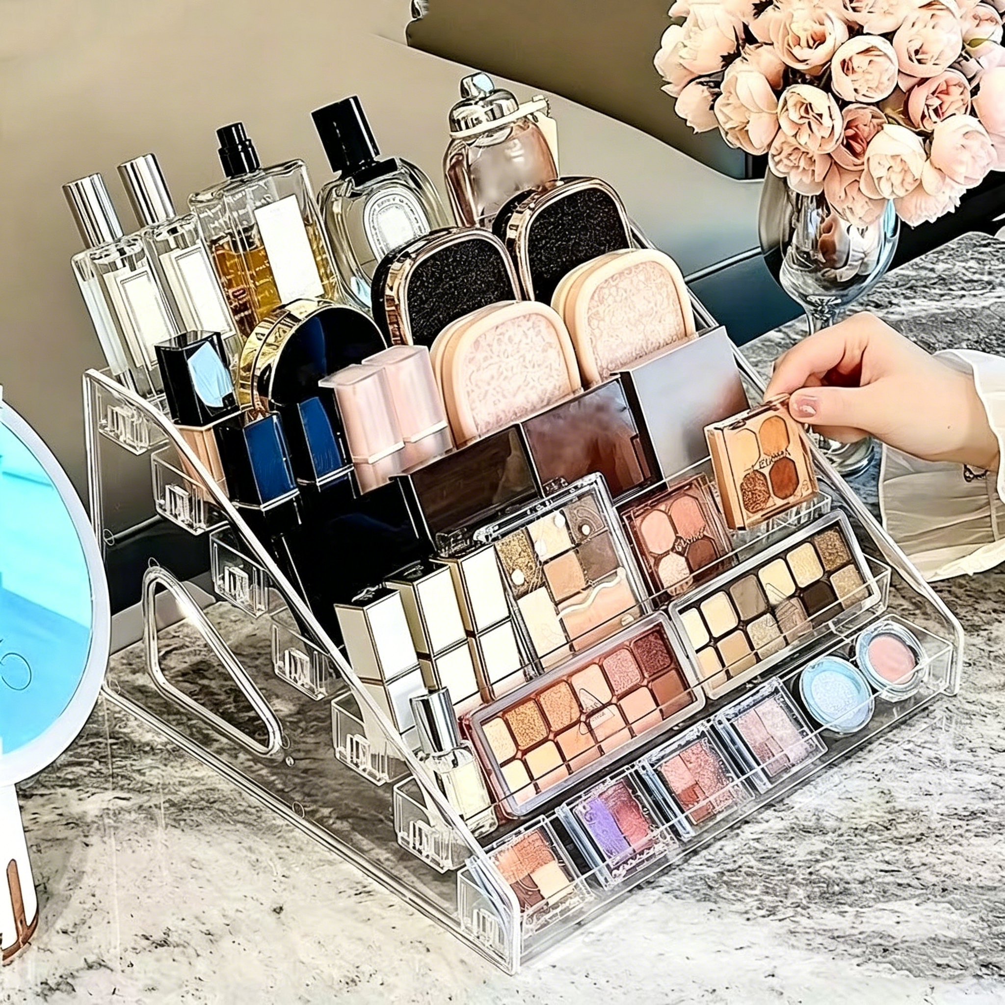 Aesthetic nail display stand with multi-level nail polish glue, acrylic transparent cosmetic storage box, cute particle storage rack