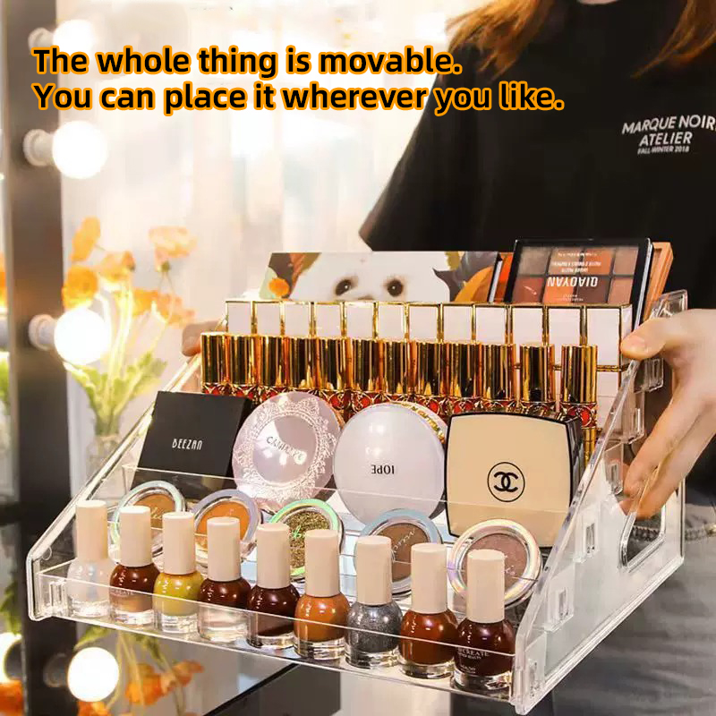 Aesthetic nail display stand with multi-level nail polish glue, acrylic transparent cosmetic storage box, cute particle storage rack