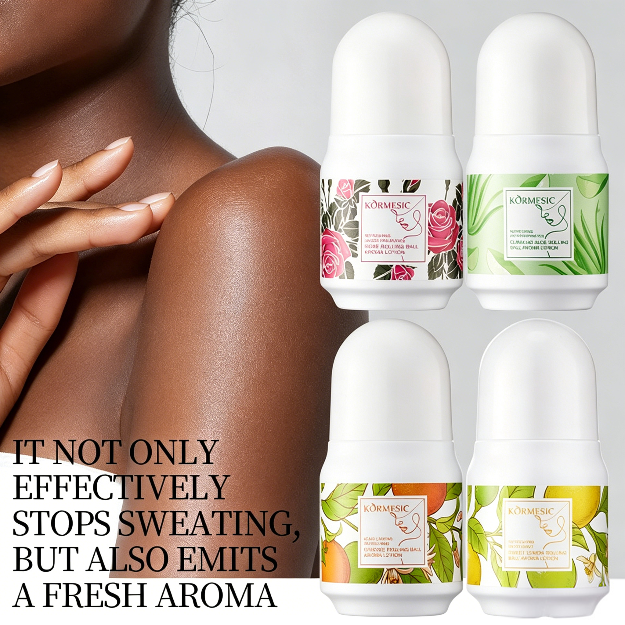 KORMESIC 4pcs/Set Roll-on Antiperspirant Deodorant Women Perfume Keeps You Fresh with Long-Lasting Fragrance of Aloe, Orange, Sweet Lemon & Rose, Effectively Deodorizes and Fights Sweat