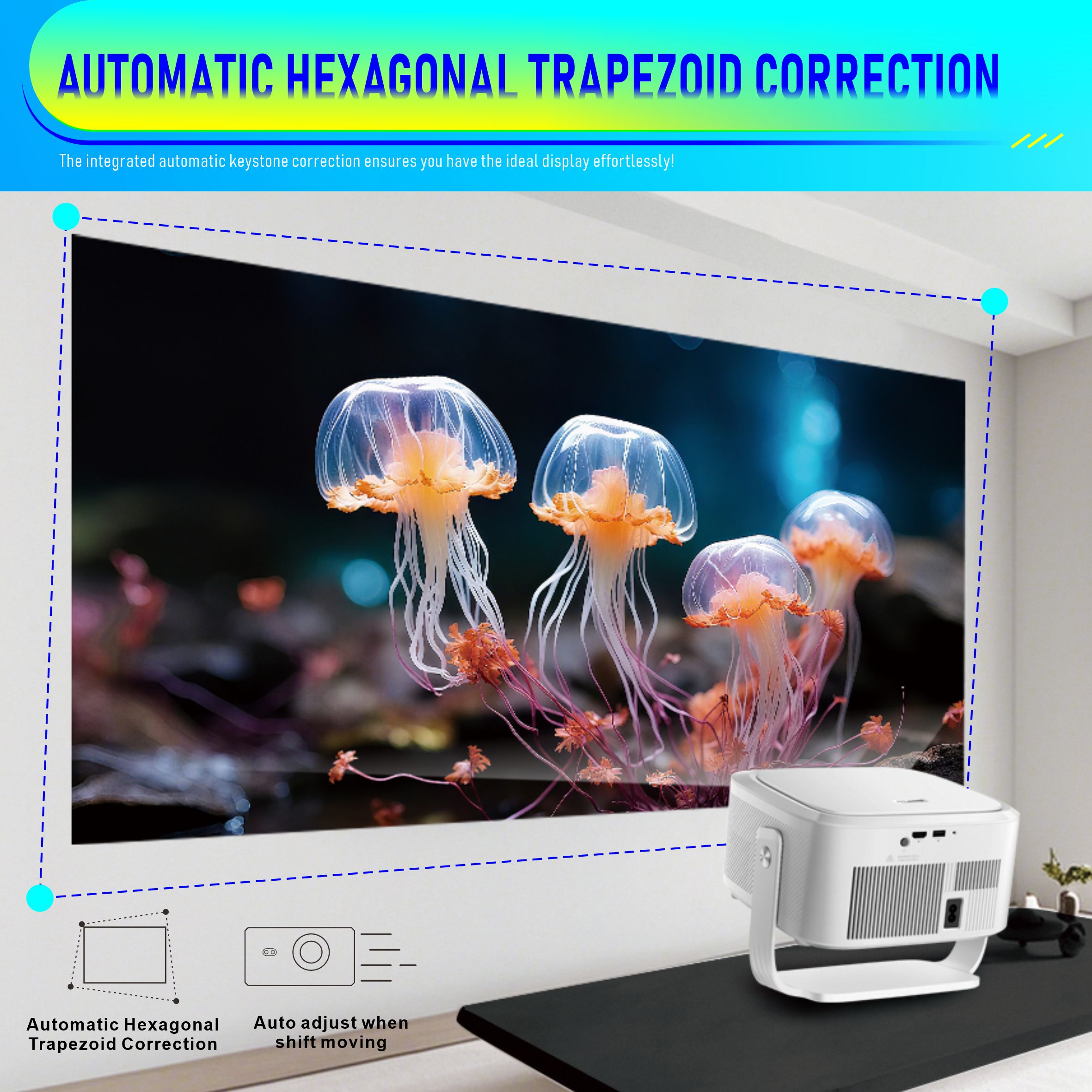 2026 JAVAID 800 ANSI Lumens Smart Projector Auto Focus Auto Keystone Android 14 WiFi6 Bluetooth 5.4 Home Theater Projector