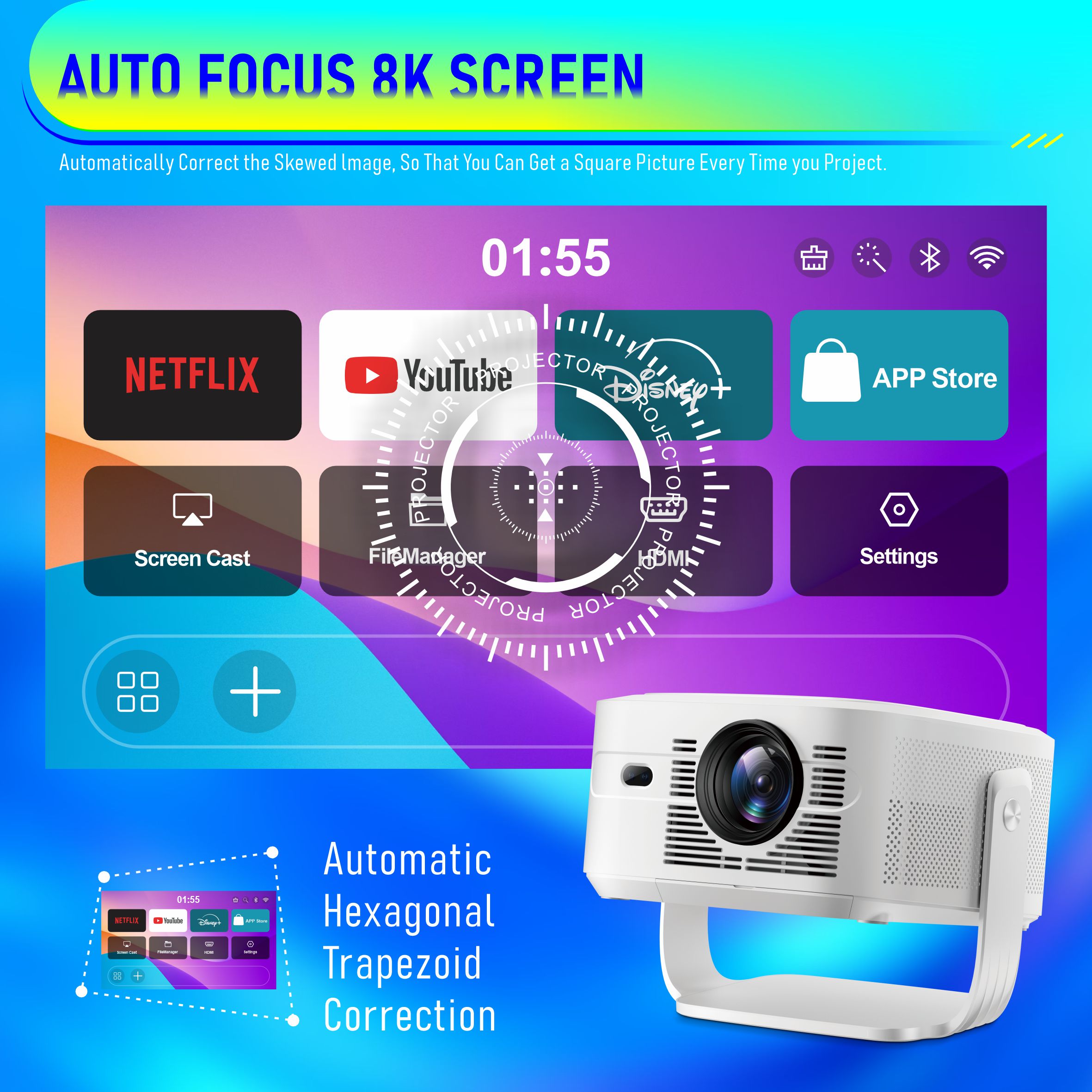 2026 JAVAID 800 ANSI Lumens Smart Projector Auto Focus Auto Keystone Android 14 WiFi6 Bluetooth 5.4 Home Theater Projector