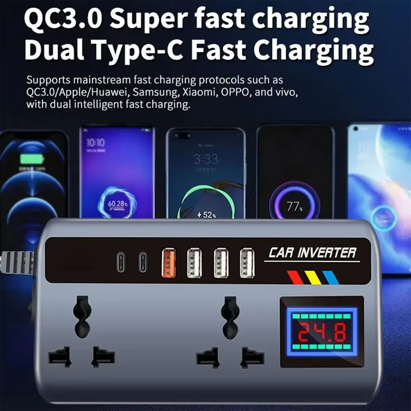 12v24v to 220v car inverter truck car universal converter mobile phone dual flash charging socket charger ， 200W Car Power Inverter，Durable Power Converter.4 USB Ports.