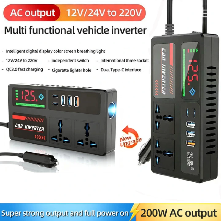 12v24v to 220v car inverter truck car universal converter mobile phone dual flash charging socket charger ， 200W Car Power Inverter，Durable Power Converter.3 USB Ports.