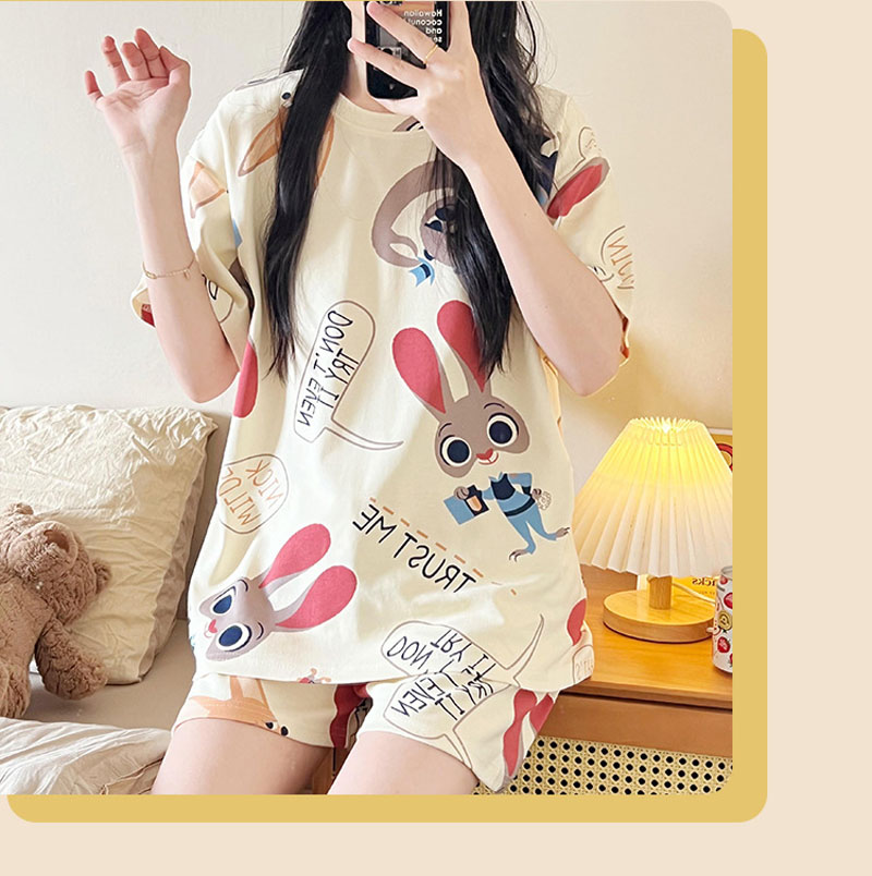 4-Piece Pajama sleepwear women's summer four piece cartoon nightgown summer thin casual cute cropped pants short sleeved set home wear
