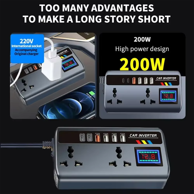 12v24v to 220v car inverter truck car universal converter mobile phone dual flash charging socket charger ， 200W Car Power Inverter，Durable Power Converter.4 USB Ports.