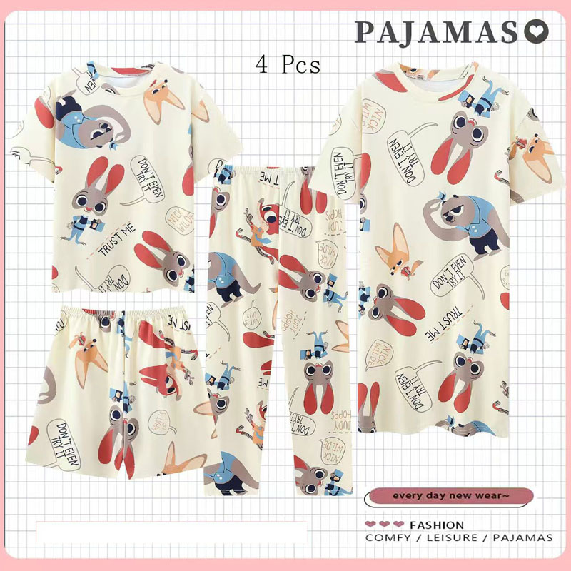 4-Piece Pajama sleepwear women's summer four piece cartoon nightgown summer thin casual cute cropped pants short sleeved set home wear