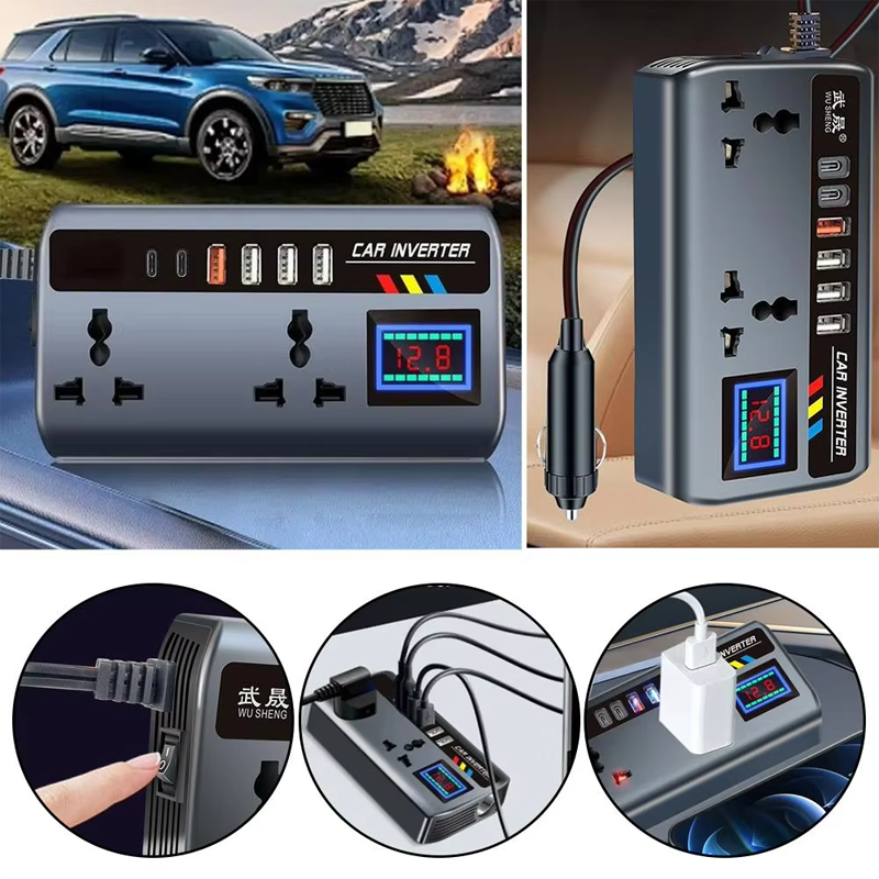 12v24v to 220v car inverter truck car universal converter mobile phone dual flash charging socket charger ， 200W Car Power Inverter，Durable Power Converter.4 USB Ports.