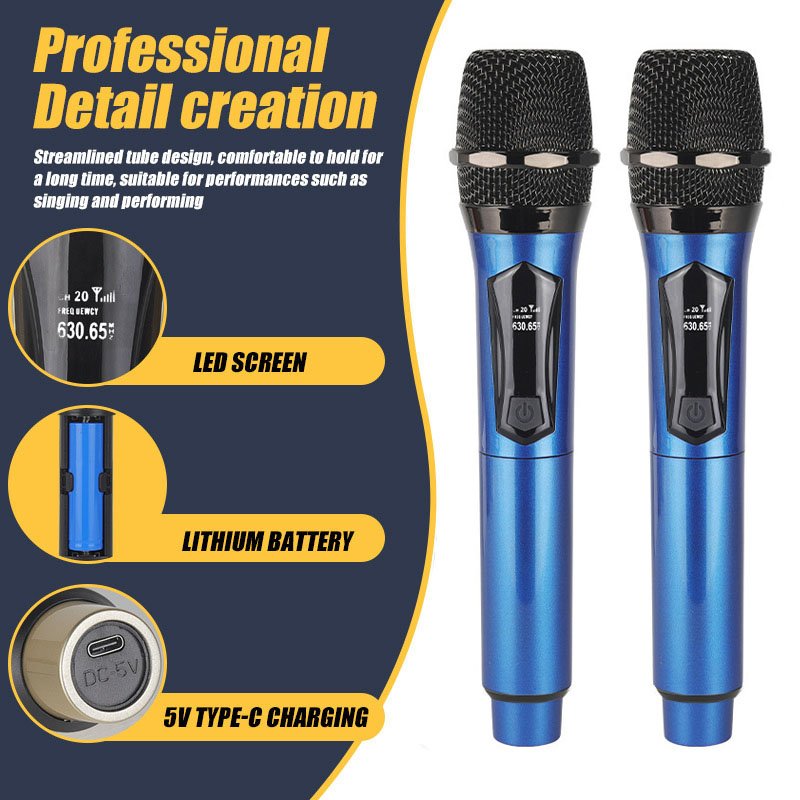 Wireless Microphones,2‑Channel  Wireless Handheld Microphone, Dual Blue Cordless Dynamic Karaoke Microphone System with Rechargeable Receiver for Wedding, Church, Party, Speech PA