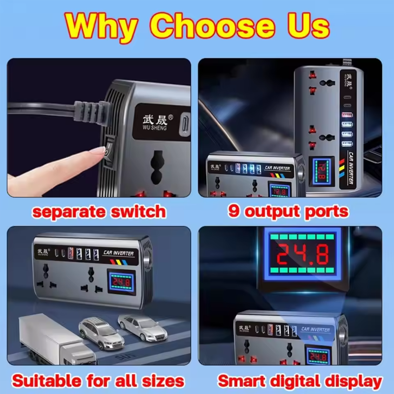 12v24v to 220v car inverter truck car universal converter mobile phone dual flash charging socket charger ， 200W Car Power Inverter，Durable Power Converter.4 USB Ports.