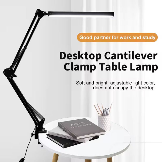 LED Eye‑Caring Clamp Desk Lamp, Adjustable Swing Arm Flexible Table Lamp with Memory Function, 3 Color Modes 10‑Level Brightness Dimmable USB Reading Lamp for Student Home Office Study Reading