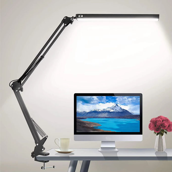 LED Eye‑Caring Clamp Desk Lamp, Adjustable Swing Arm Flexible Table Lamp with Memory Function, 3 Color Modes 10‑Level Brightness Dimmable USB Reading Lamp for Student Home Office Study Reading