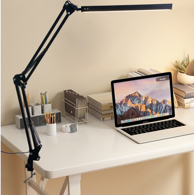 LED Eye‑Caring Clamp Desk Lamp, Adjustable Swing Arm Flexible Table Lamp with Memory Function, 3 Color Modes 10‑Level Brightness Dimmable USB Reading Lamp for Student Home Office Study Reading
