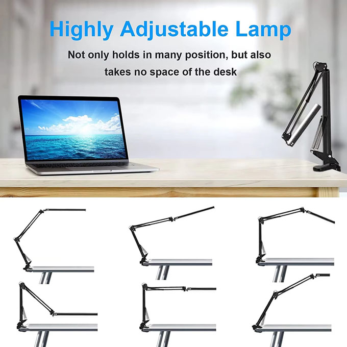 LED Eye‑Caring Clamp Desk Lamp, Adjustable Swing Arm Flexible Table Lamp with Memory Function, 3 Color Modes 10‑Level Brightness Dimmable USB Reading Lamp for Student Home Office Study Reading