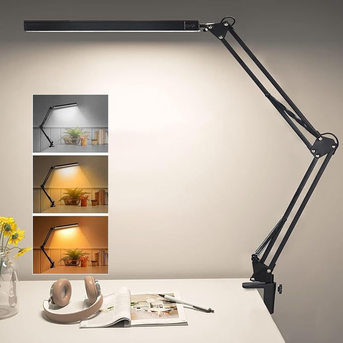 LED Eye‑Caring Clamp Desk Lamp, Adjustable Swing Arm Flexible Table Lamp with Memory Function, 3 Color Modes 10‑Level Brightness Dimmable USB Reading Lamp for Student Home Office Study Reading