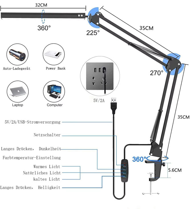 LED Eye‑Caring Clamp Desk Lamp, Adjustable Swing Arm Flexible Table Lamp with Memory Function, 3 Color Modes 10‑Level Brightness Dimmable USB Reading Lamp for Student Home Office Study Reading