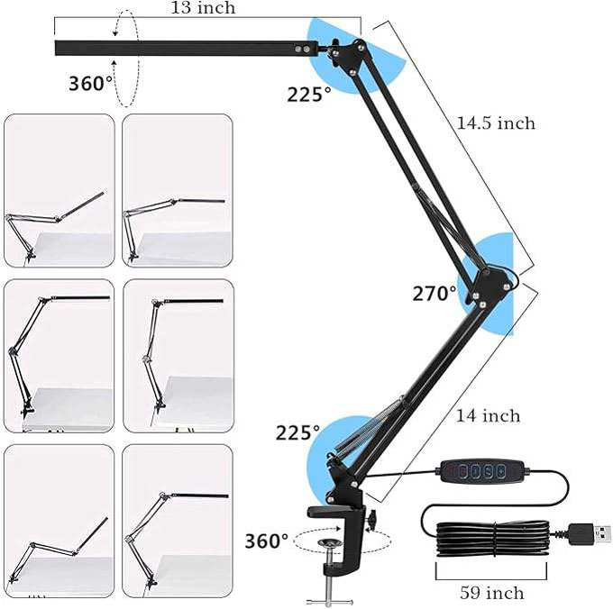 LED Eye‑Caring Clamp Desk Lamp, Adjustable Swing Arm Flexible Table Lamp with Memory Function, 3 Color Modes 10‑Level Brightness Dimmable USB Reading Lamp for Student Home Office Study Reading