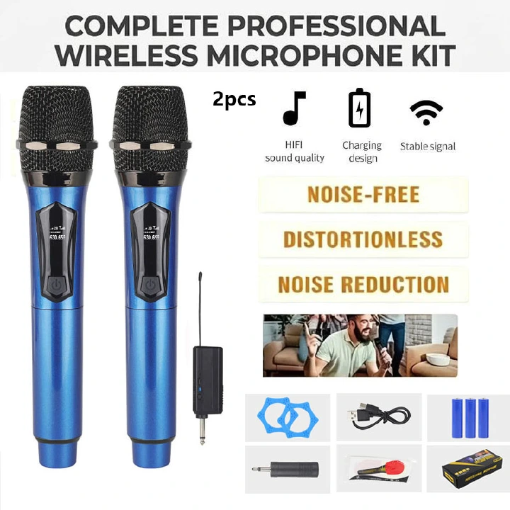 Wireless Microphones,2‑Channel  Wireless Handheld Microphone, Dual Blue Cordless Dynamic Karaoke Microphone System with Rechargeable Receiver for Wedding, Church, Party, Speech PA