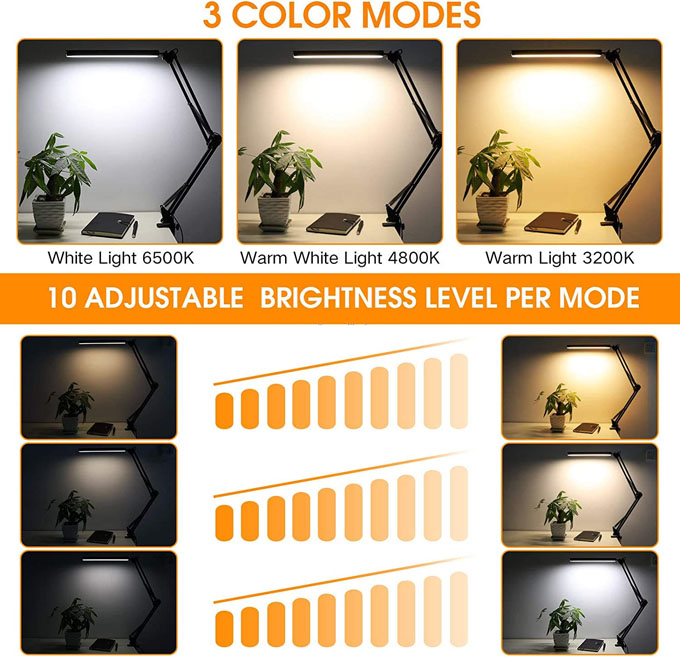 LED Eye‑Caring Clamp Desk Lamp, Adjustable Swing Arm Flexible Table Lamp with Memory Function, 3 Color Modes 10‑Level Brightness Dimmable USB Reading Lamp for Student Home Office Study Reading