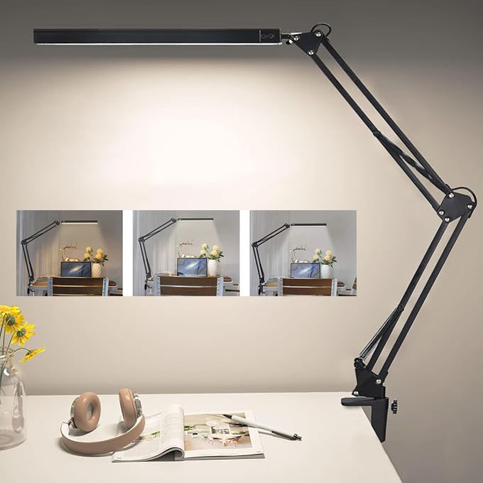 LED Eye‑Caring Clamp Desk Lamp, Adjustable Swing Arm Flexible Table Lamp with Memory Function, 3 Color Modes 10‑Level Brightness Dimmable USB Reading Lamp for Student Home Office Study Reading