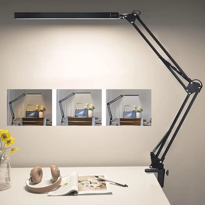 LED Eye‑Caring Clamp Desk Lamp, Adjustable Swing Arm Flexible Table Lamp with Memory Function, 3 Color Modes 10‑Level Brightness Dimmable USB Reading Lamp for Student Home Office Study Reading