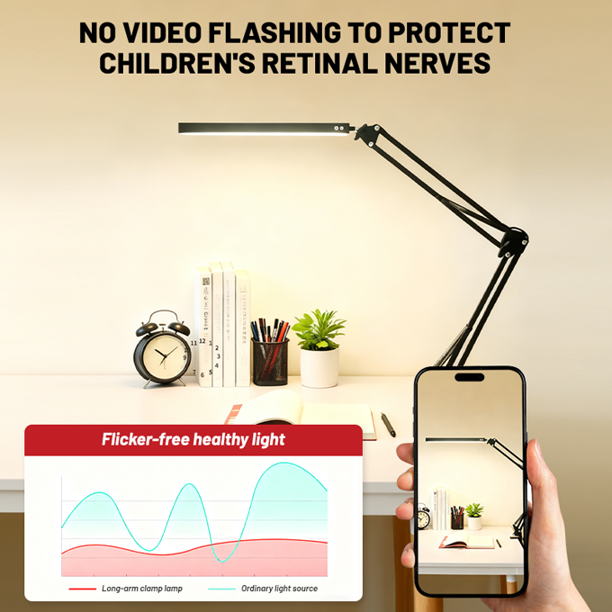 LED Eye‑Caring Clamp Desk Lamp, Adjustable Swing Arm Flexible Table Lamp with Memory Function, 3 Color Modes 10‑Level Brightness Dimmable USB Reading Lamp for Student Home Office Study Reading