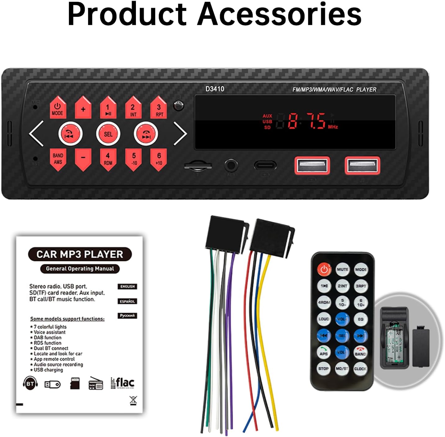 Car Audio Bluetooth Single DIN Stereo, 12V LED Car Radio MP3 Player with Hands-Free, Dual USB, Voice Assistant, App Control, Supports FM/MP3/WMA/FLAC/AUX/TF