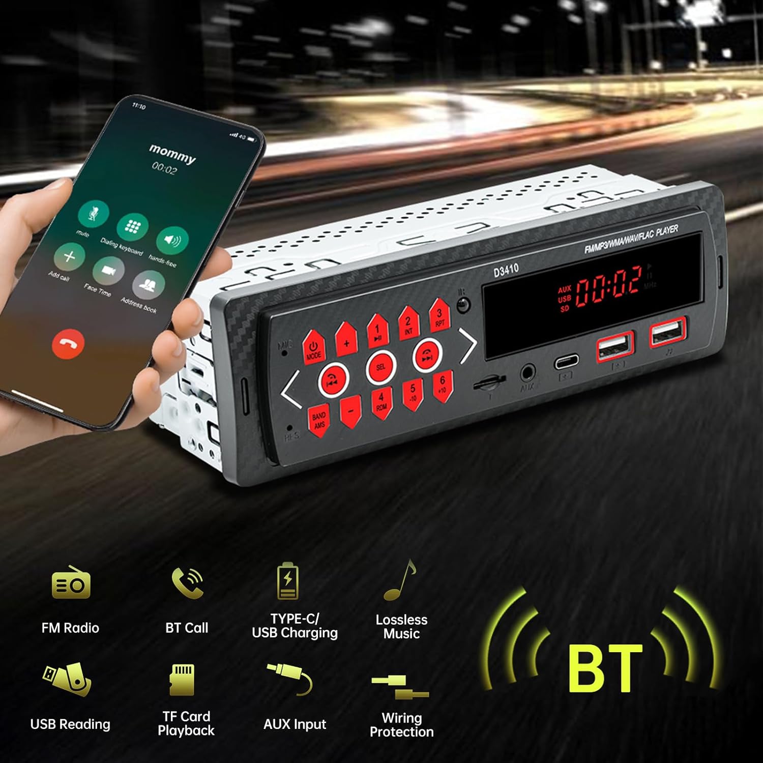 Car Audio Bluetooth Single DIN Stereo, 12V LED Car Radio MP3 Player with Hands-Free, Dual USB, Voice Assistant, App Control, Supports FM/MP3/WMA/FLAC/AUX/TF