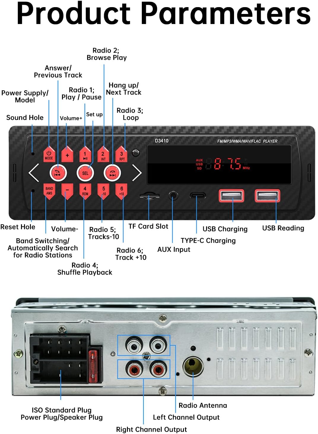 Car Audio Bluetooth Single DIN Stereo, 12V LED Car Radio MP3 Player with Hands-Free, Dual USB, Voice Assistant, App Control, Supports FM/MP3/WMA/FLAC/AUX/TF