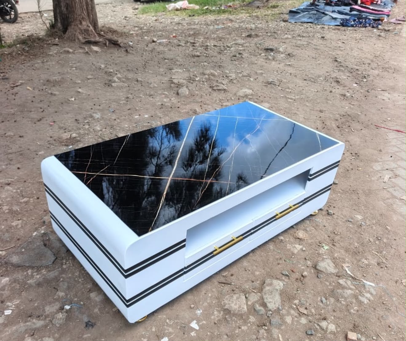 1pc Modern White and Black Marble-Top Coffee Table