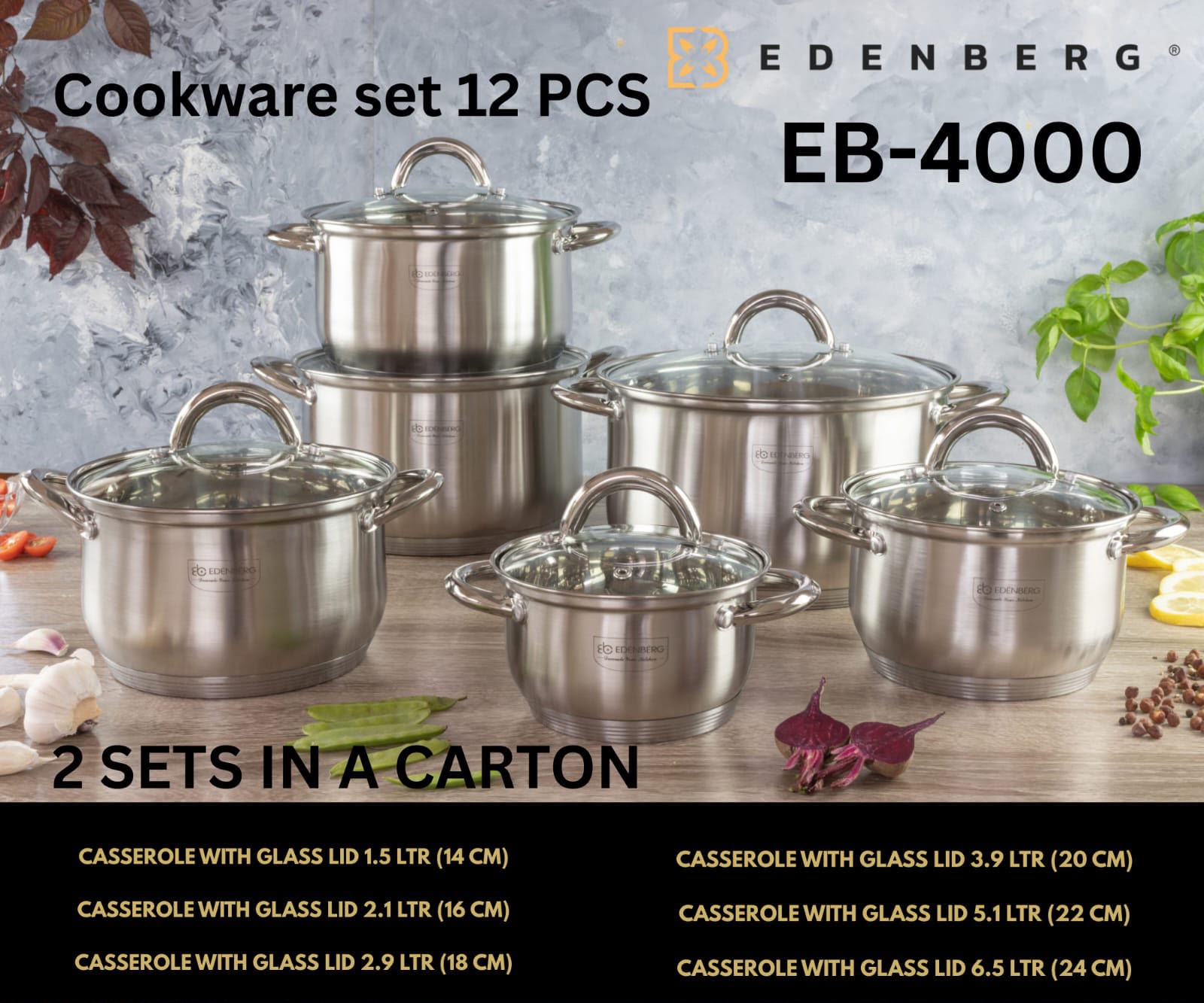 12pc Edenberg Stainless Steel Induction Cookware Set (Model: EB-4000) 🍲⚡